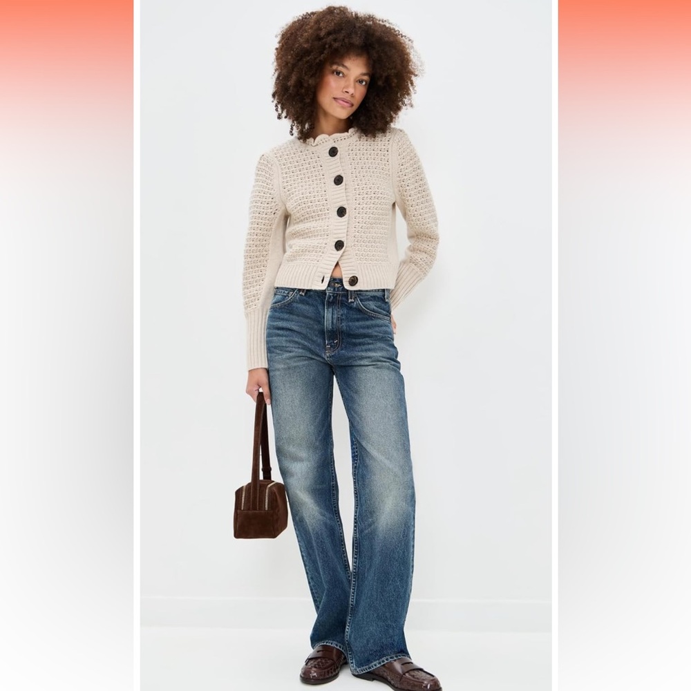 Madewell Scalloped Merino Wool-Blend Cardigan Sweater, size large, heather oat